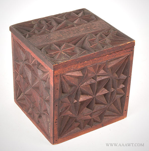 Box, Cuff Box, Geometric Chip Carving, Red Stain, Scratch Carved 'CUFFS'
Anonymous, Circa 1900, entire view